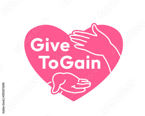 Give to Gain campaign sticker. International Women's Day 2026. Open palm inside the heart shape, cupped hand giving gesture and hand on the heart show generosity, collaboration and support for women
