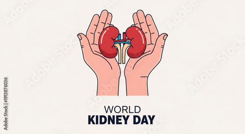 World kidney day illustration with hands holding kidneys and ureters on a light background