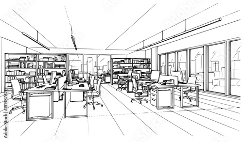 Open plan office interior perspective line drawing vector