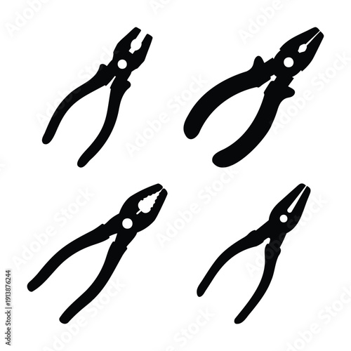 Collection of hand tool silhouettes featuring various types of pliers for construction and repair work