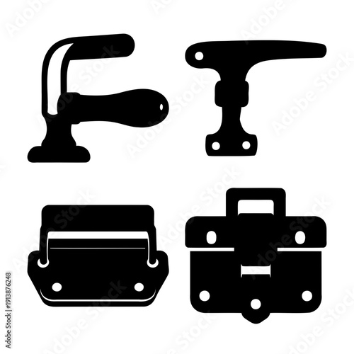 Collection of diverse black silhouette hardware elements including handles and latches