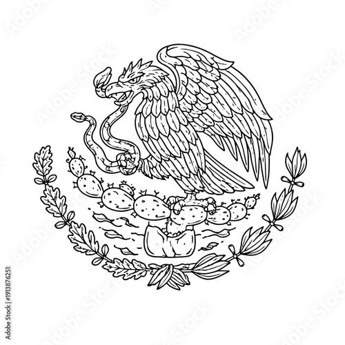 Black and white carved style mexico coat of arms.