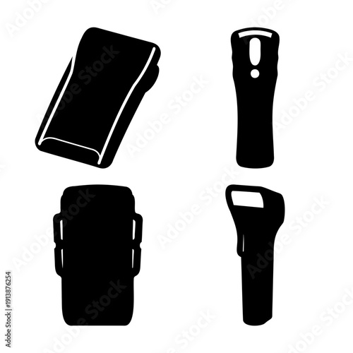 Collection of black silhouette icons of various handheld electronic devices