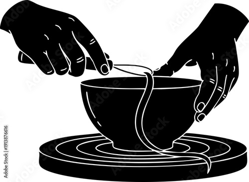 Pottery Trimming Silhouette Hands Using Wire Loop Tool Shaving Clay Ribbons on Wheel Minimalist Ceramic Craft Flat Vector Icon