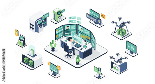 Isometric illustration of a modern office workspace with various technology and devices.