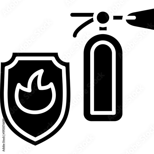 Fire extinguisher and shield with flame Icon