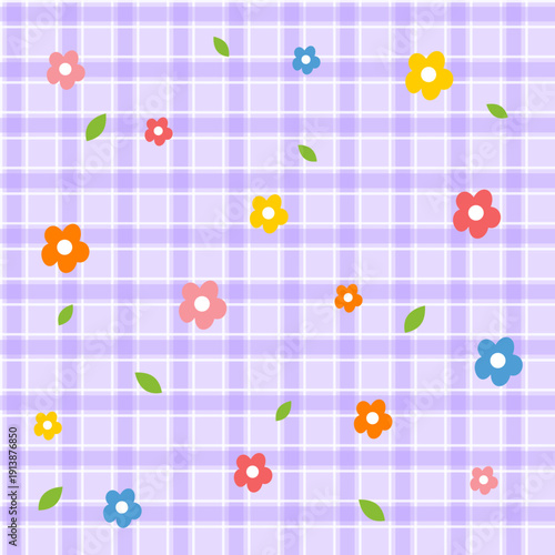 purple checkered background with flowers