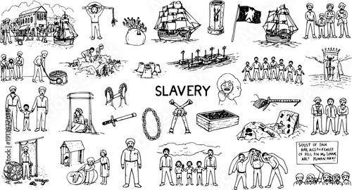 Detailed Historical Line Art Depicting Various Scenes and Objects Related to Slavery, Including Enslaved People, Ships, Shackles, Labor, and Suffering