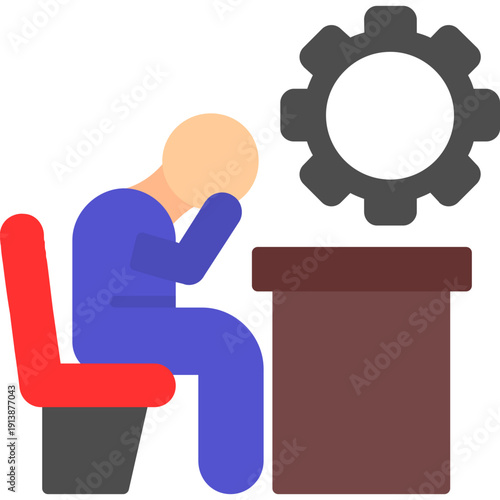 Worker sitting at desk with gear above Icon
