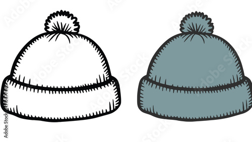 Knitted beanie hats vector illustration in black and white and gray