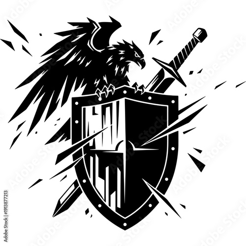 Mythical shield with eagle and sword emblem amidst chaos and ink splatter Vector