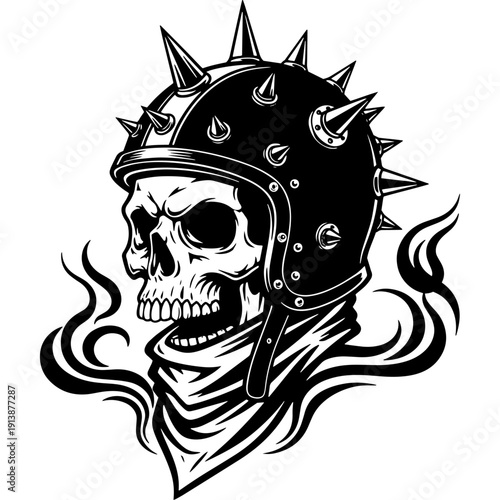 Dark skull adorned with spiky crown and flowing bandana in gothic style Vector