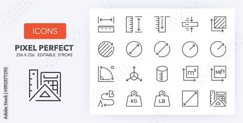 Line icons about length, weight and volume. Contains such icons as ruler, m2, area and more. Editable vector stroke. 64 and 256 Pixel Perfect scalable to 128px...