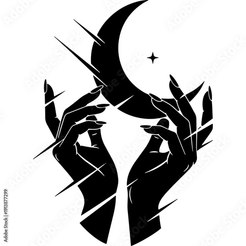 Mysterious black silhouette of a hand holding a crescent moon with stars Vector