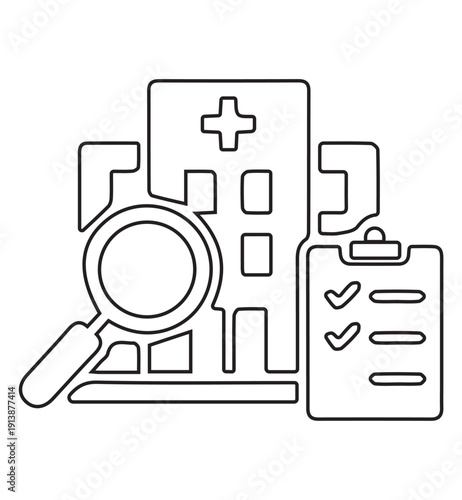 Hospital Search and Medical Checklist Line Icon