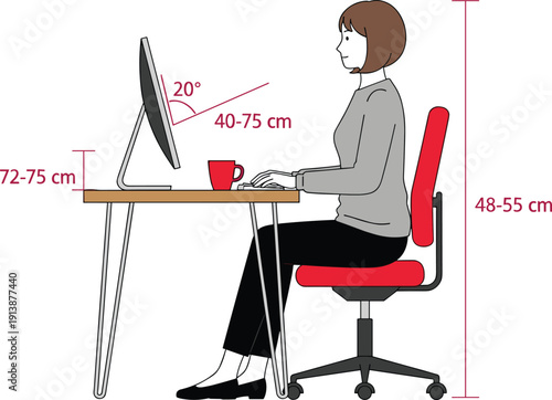 Ergonomic workstation vector diagram showing proper desk, chair, and monitor positioning with measurements for healthy posture, office safety, and productivity concepts