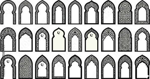 Collection of oriental style islamic vector shapes of a window or door arch mosque gate islamic arabesque pattern arab frame set on transparent background ramadan kareem silhouette icon set. 