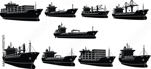 Cargo ship silhouette vector set, black white clipart of container vessels cranes maritime transport, global trade illustration artwork bundle