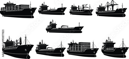 Cargo ship silhouette vector set, black white clipart of container vessels cranes maritime transport, global trade illustration artwork bundle