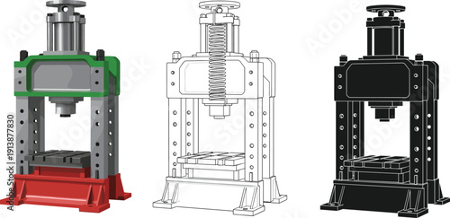 Hydraulic press illustration set, realistic colored version, line drawing, silhouette style, engineering machine design concept, industrial equipment vector artwork collection