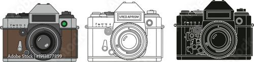 Vintage film camera icons set with colored outline and wireframe styles photography equipment retro flat vector illustration design