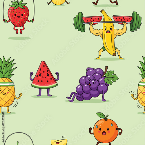 Adorable cartoon fruits exercising and staying healthy in a repeating pattern on a light green background