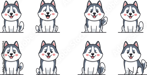 Cute Kawaii Husky Puppy Cartoon Character Set with Sitting Poses for Pet Design, Adorable Arctic Dog Flat Vector Collection
