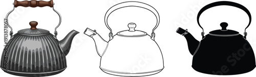 Vintage kettle teapot icons set with realistic outline and solid styles kitchen cookware tea brewing flat vector illustration