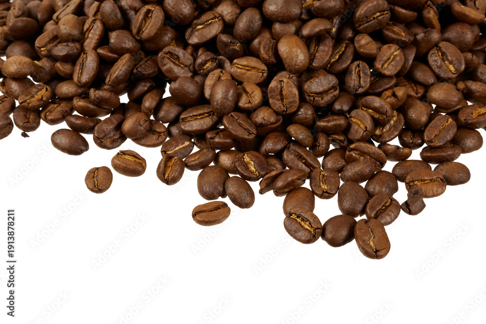 Obraz premium closeup of many coffee beans falling isolated on white or transparent png