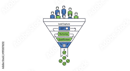 Marketing sales funnel illustrating lead capture nurturing and qualification stages with people icons, Generative AI.