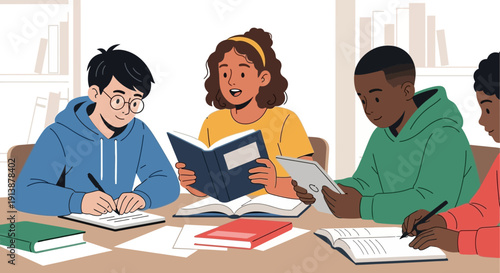 Students Collaborating on a Project Together at a Table in a Library Setting from a High Angle View