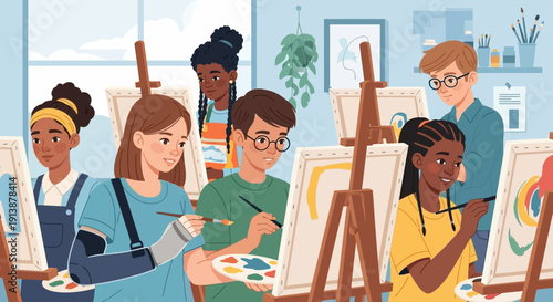 Diverse group of people engaging in a painting class together in a bright studio