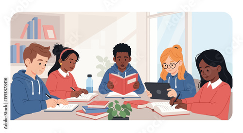 Students collaborating on a project around a table in a well-lit classroom with books and laptops