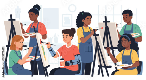 Diverse group of people engaging in a painting class together in a studio setting with easels