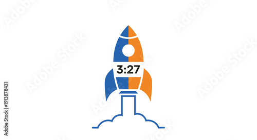 A stylized rocket with a countdown timer displaying '3:27' is depicted taking off with a blue and orange color scheme, Generative AI.