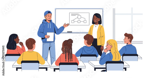 Educator presenting to students in a classroom setting with a whiteboard