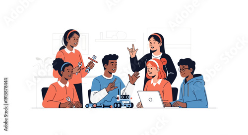 Diverse group collaborates on robotics project at table with laptops and machinery in a modern workspace from a straightforward viewpoint