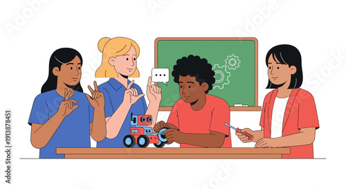 Students collaborating on a robotics project in a classroom setting with a green blackboard in the background