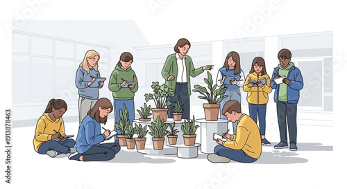 People gathered around potted plants in a courtyard, examining and discussing with focused attention from various viewpoints
