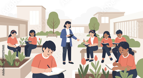 Students engaging in outdoor learning activities with their teacher in a school garden environment from an aerial viewpoint illustration