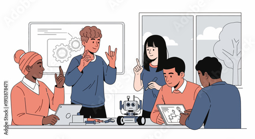 Team of diverse individuals collaborating on a robotics project in a modern office setting with a robot on the table