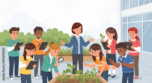Students and teacher examining plants in a garden outside a modern educational building with tablets and magnifying glasses