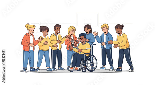 Diverse group of people assisting a man in a wheelchair, standing together in a line, vector illustration of unity and support