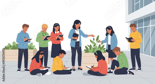 Group of people gathered outside a modern building, some standing and others sitting on the ground, engaged in discussion and using digital devices