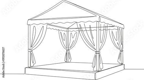 Minimalist continuous line drawing of a stage with elegant draped curtains and a raised platform, rendered in a clean, artistic, and simple graphic style.