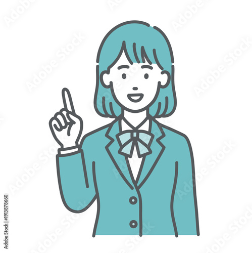 ポイントを説明する・指差しするティーン女性・女子学生のイラスト（人差し指を立てる・制服・上半身）