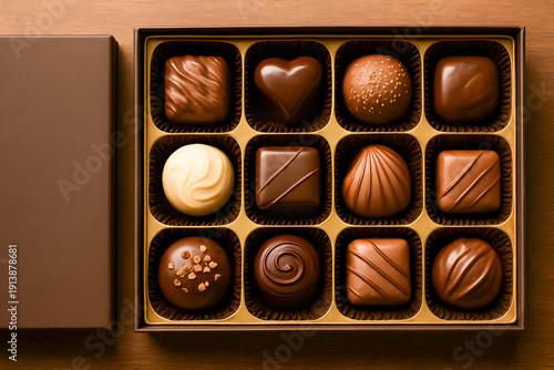 Box with various kinds of gourmet luxury chocolate. Top view image.