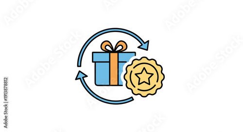 A colorful gift box is encircled by two arrows accompanied by a star badge symbolizing rewards loyalty or product exchange, Generative AI.