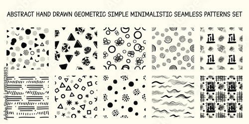 Hand-drawn abstract geometric, simple, minimalistic, seamless patterns set. Polka dot, stripes, waves, random symbols, textures. Vector illustration