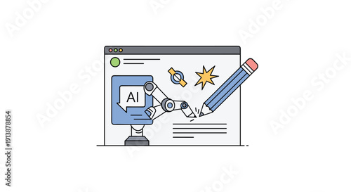 A browser window shows an AI robot arm with an AI screen collaborating with a pencil to generate content on a webpage, Generative AI.